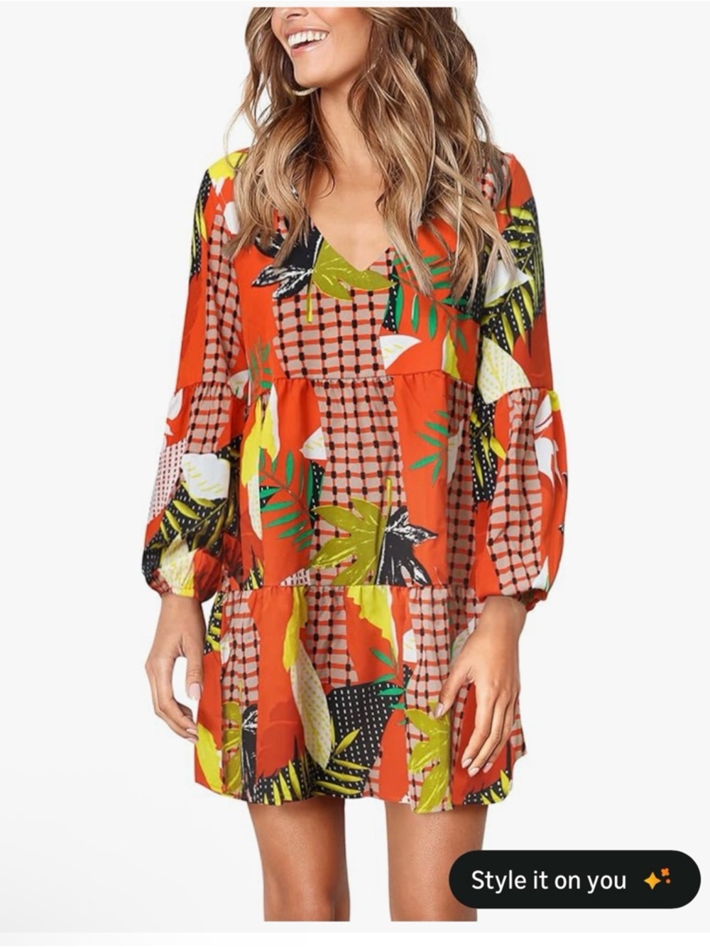 Vibrant Orange Tropical Print Mini Dress